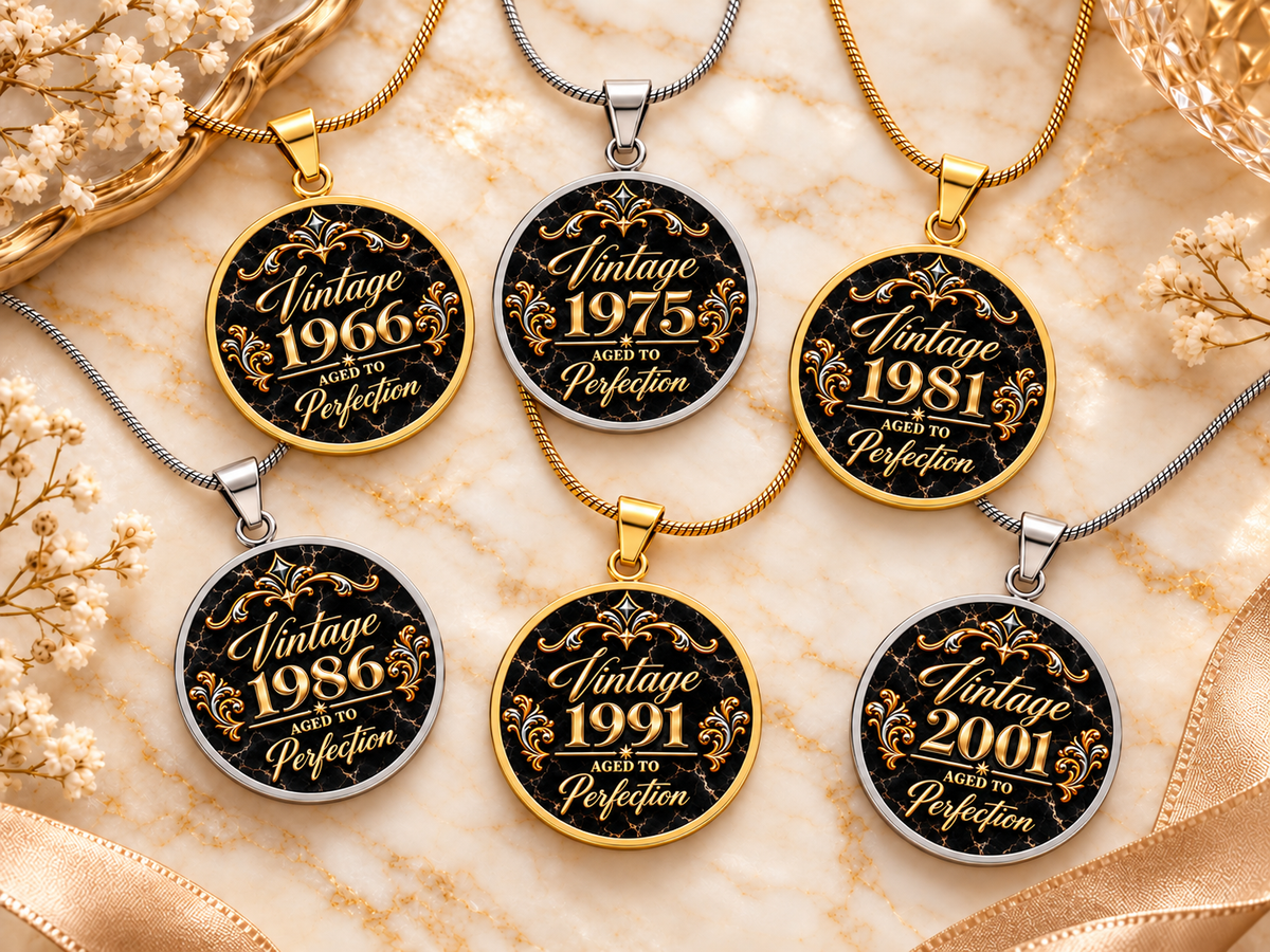 Six Aged to Perfection Luxe Edition Midnight birth year necklaces in silver and gold finish