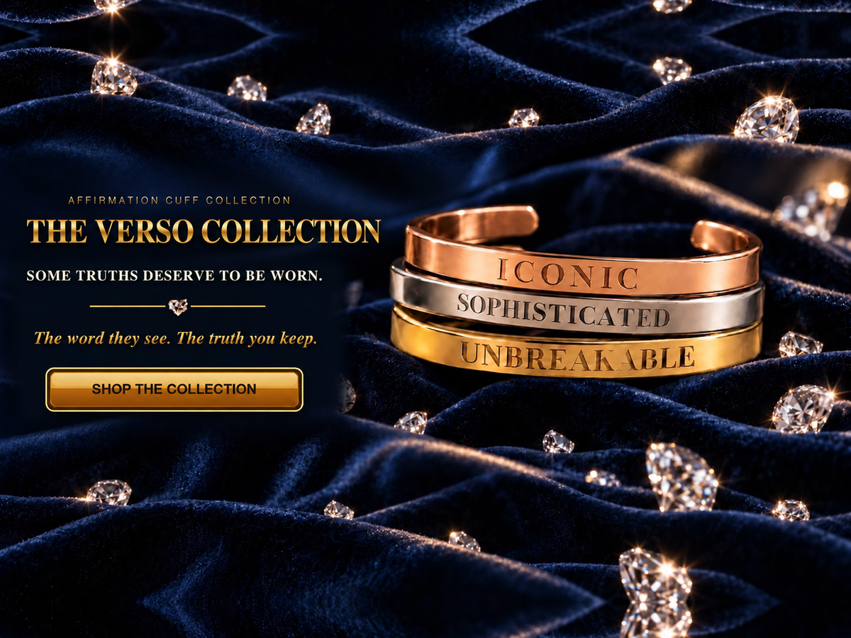 Three engraved affirmation cuff bracelets in rose gold, silver and gold on navy velvet, beneath the words The Verso Collection — some truths deserve to be worn