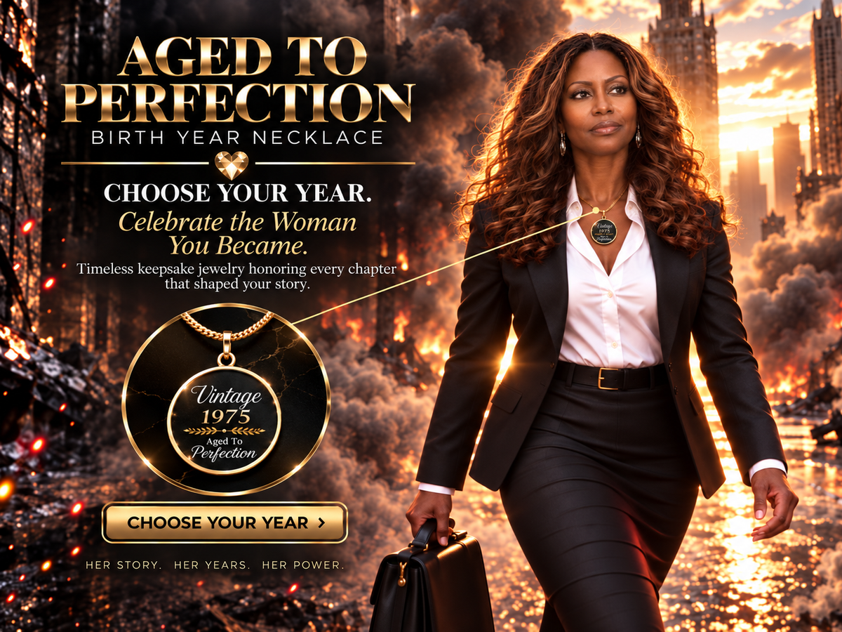 Woman in a black suit walking through a burning city at sunrise, wearing the Aged to Perfection Vintage 1975 birth year necklace