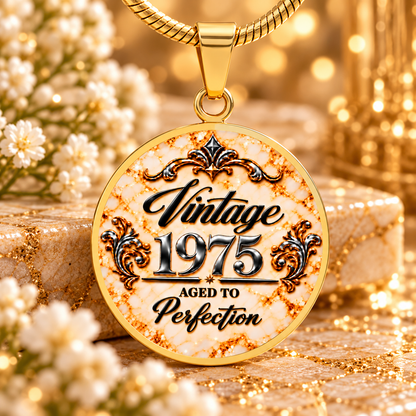 Aged to Perfection Luxe Edition Champagne birth year necklace, vintage year pendant on cream marble with gold veining