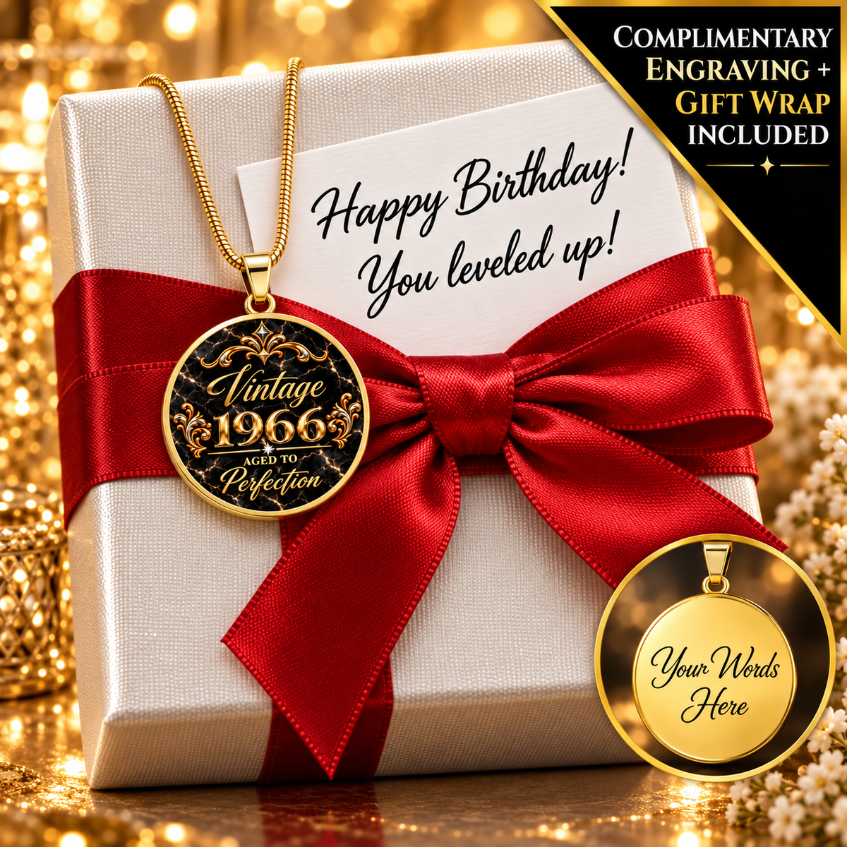Aged to Perfection Luxe Edition Midnight birth year necklace, black marble pendant with gold lettering, gift wrap and engraving included
