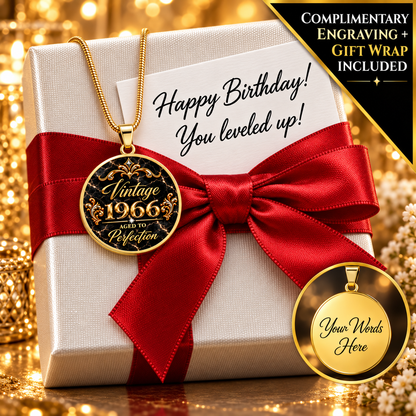 Aged to Perfection Luxe Edition Midnight birth year necklace, black marble pendant with gold lettering, gift wrap and engraving included