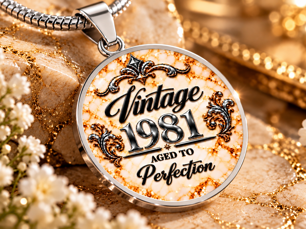 Close-up of the Vintage 1981 Aged to Perfection Luxe Edition Champagne necklace with silver finish