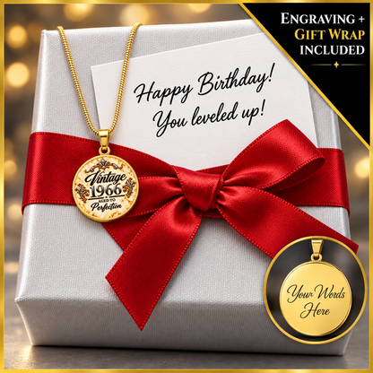 Aged to Perfection Luxe Edition Champagne necklace in a wrapped gift box with red ribbon, Engraving and Gift Wrap Included