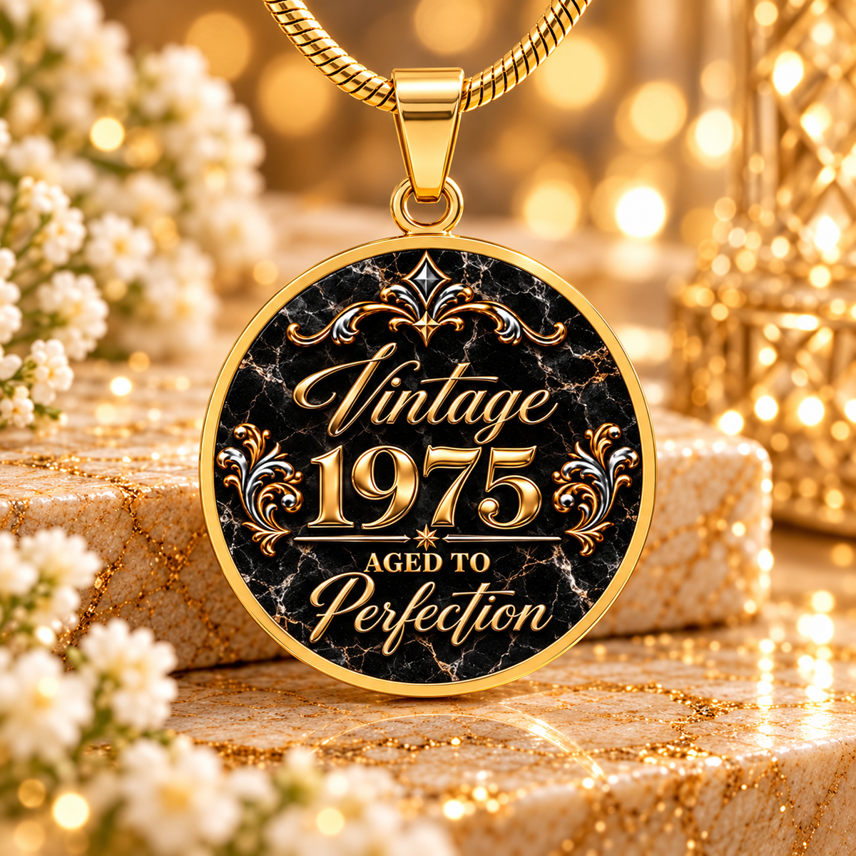 Vintage 1975 Aged to Perfection Luxe Edition Midnight necklace with 18k gold finish on black marble