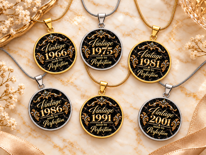 Six Aged to Perfection Luxe Edition Midnight birth year necklaces in silver and gold finish