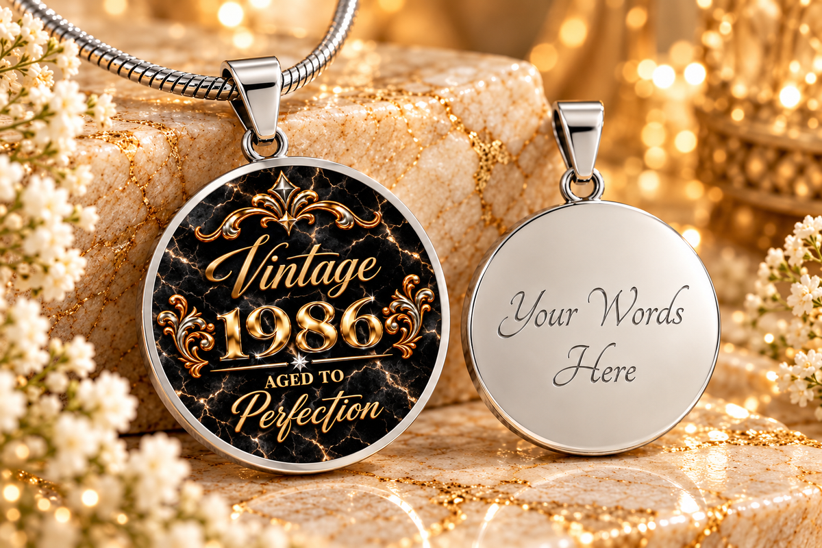 Vintage 1986 Aged to Perfection Luxe Edition Midnight necklace shown front and back with engraved reverse side