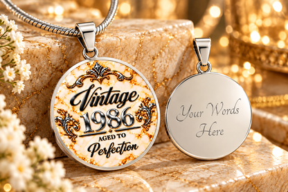 Vintage 1986 Aged to Perfection Luxe Edition Champagne necklace shown front and back with engraved reverse side