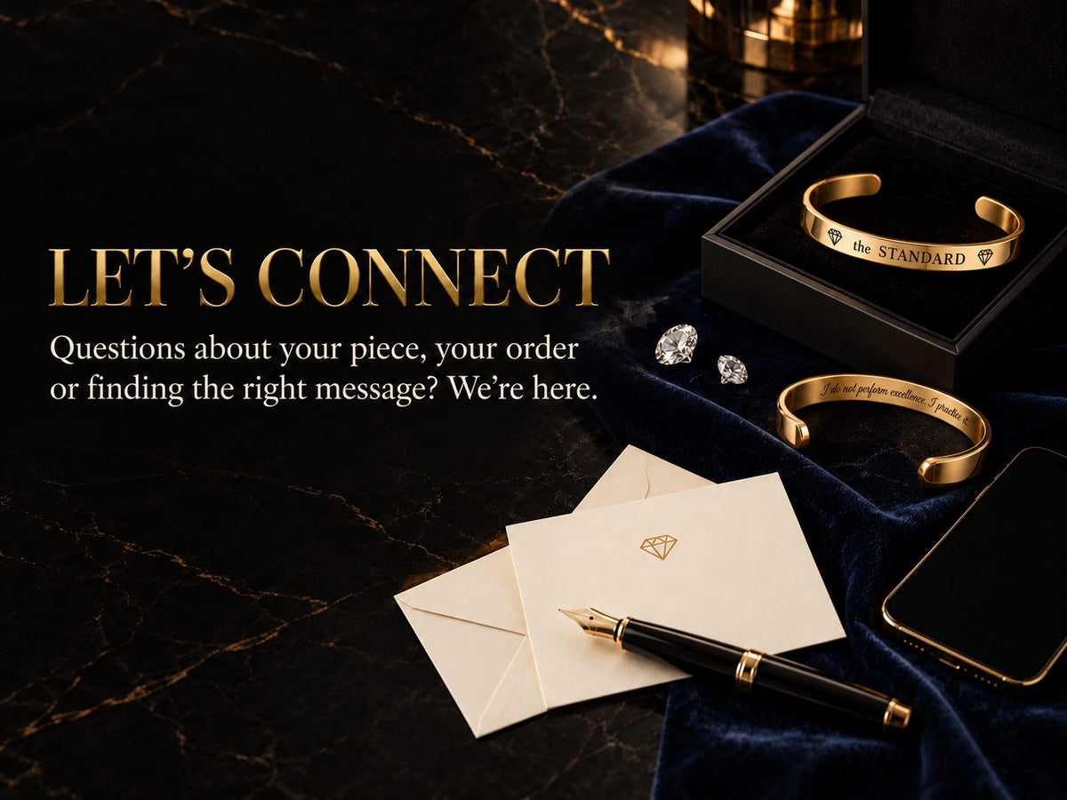 Let's Connect - ProjectME Gems contact page, gold engraved cuff bracelets and a handwritten note on navy velvet