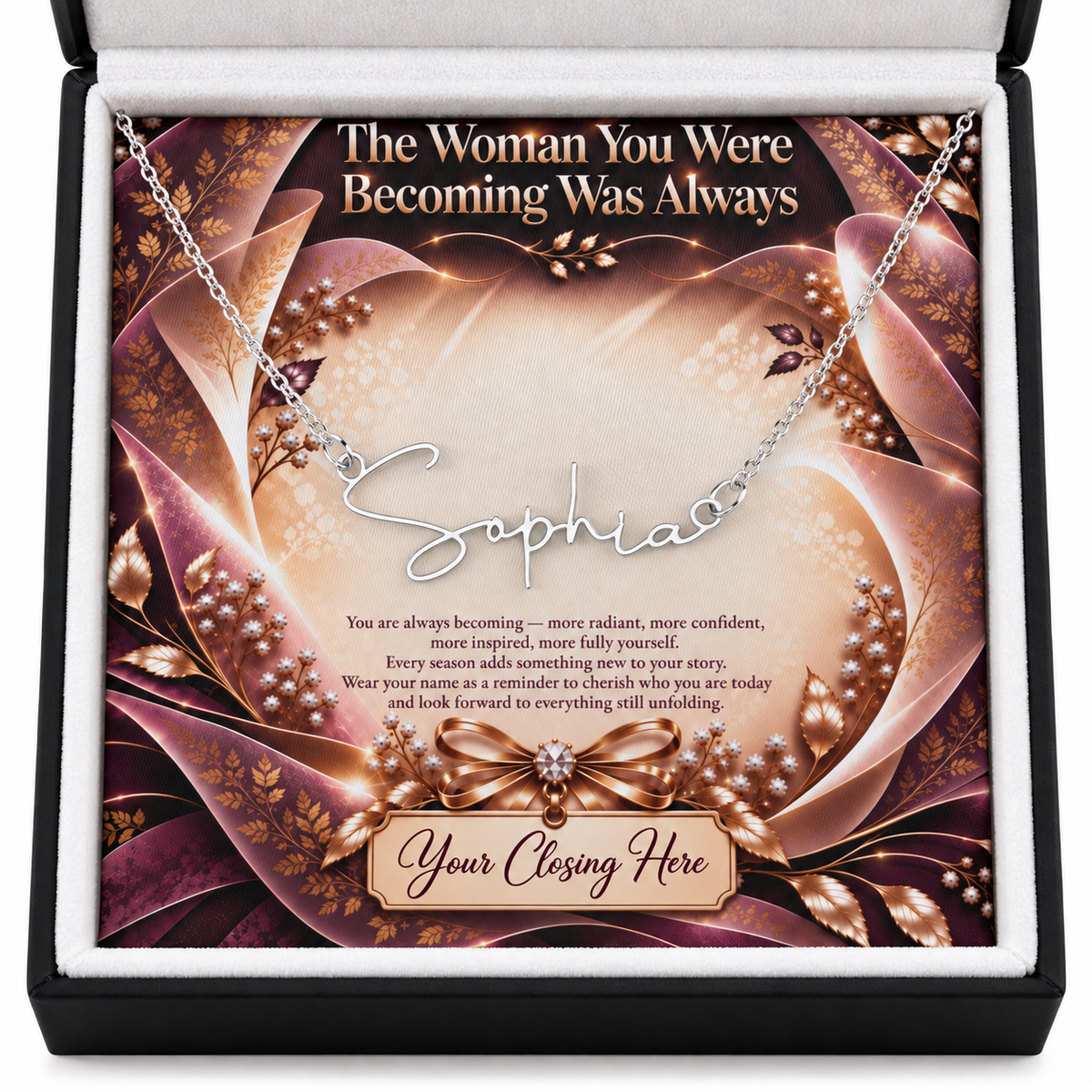 Silver Sophia name necklace with Plum Gold Luxe message card in black gift box