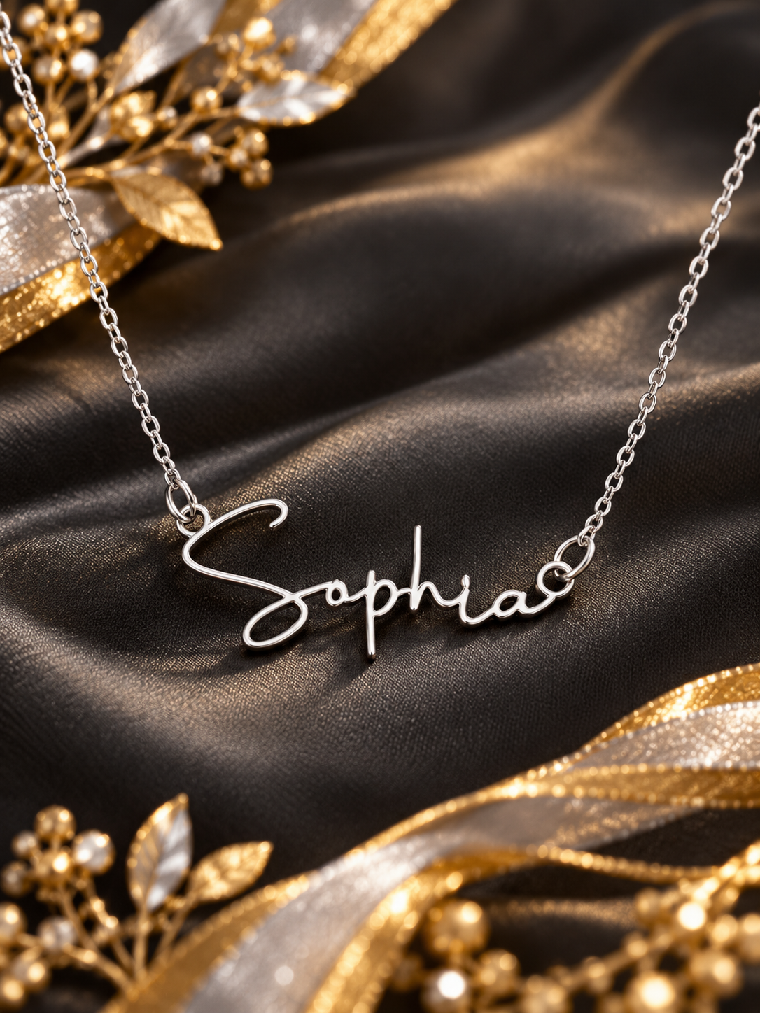 Silver Sophia name necklace on black satin