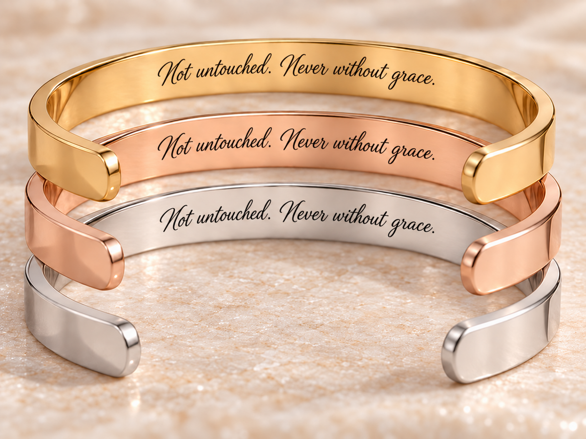 BLESSED Verso cuff bracelet in gold, rose gold and silver, showing the hidden inside engraving: Not untouched. Never without grace.