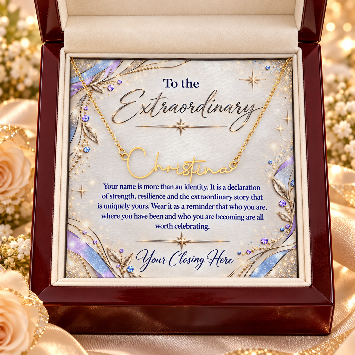 Gold Christina name necklace with Lavender Luxe message card in mahogany gift box