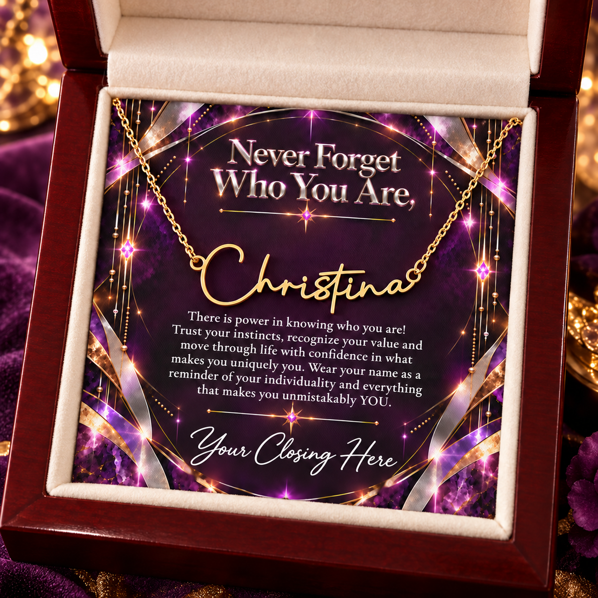 Never Forget Who You Are Plum Luxe name necklace