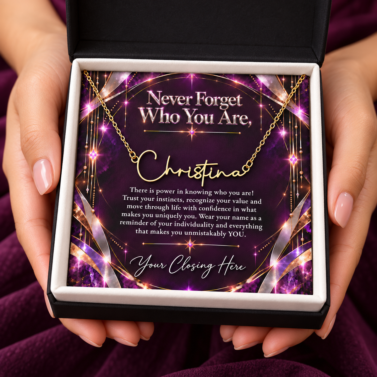 Never Forget Who You Are Plum Luxe message card held in hands