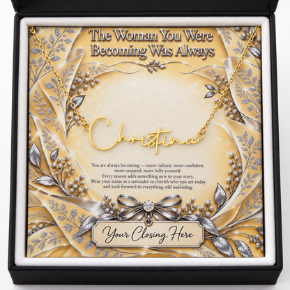 Gold Christina name necklace with Becoming Sunlit Silver Luxe message card in black gift box