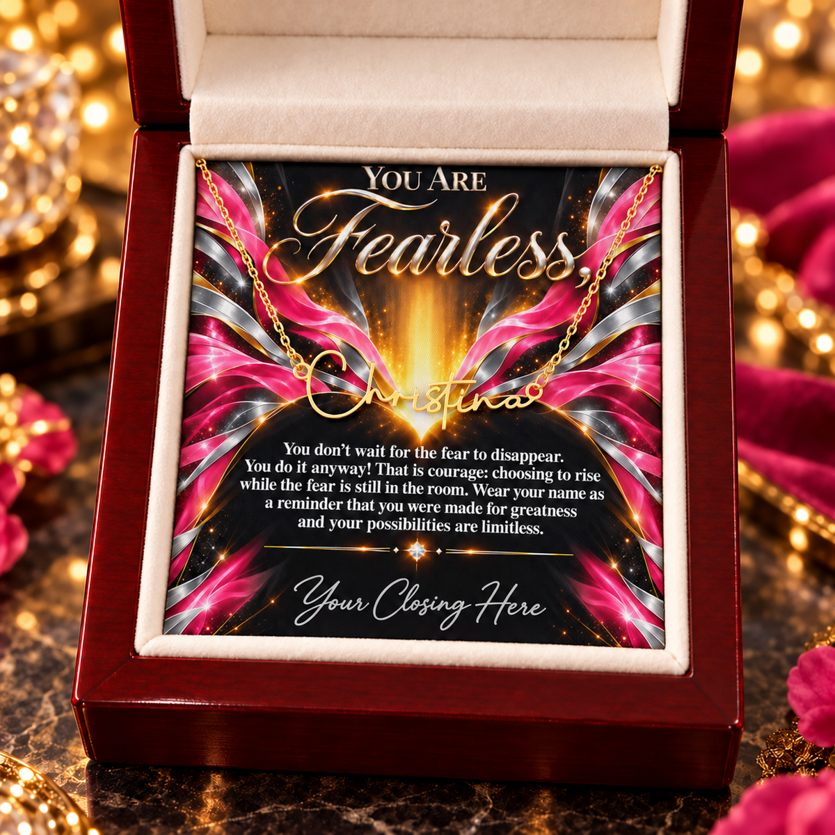 Gold Christina name necklace with Fearless Rose Flame Luxe message card in mahogany gift box