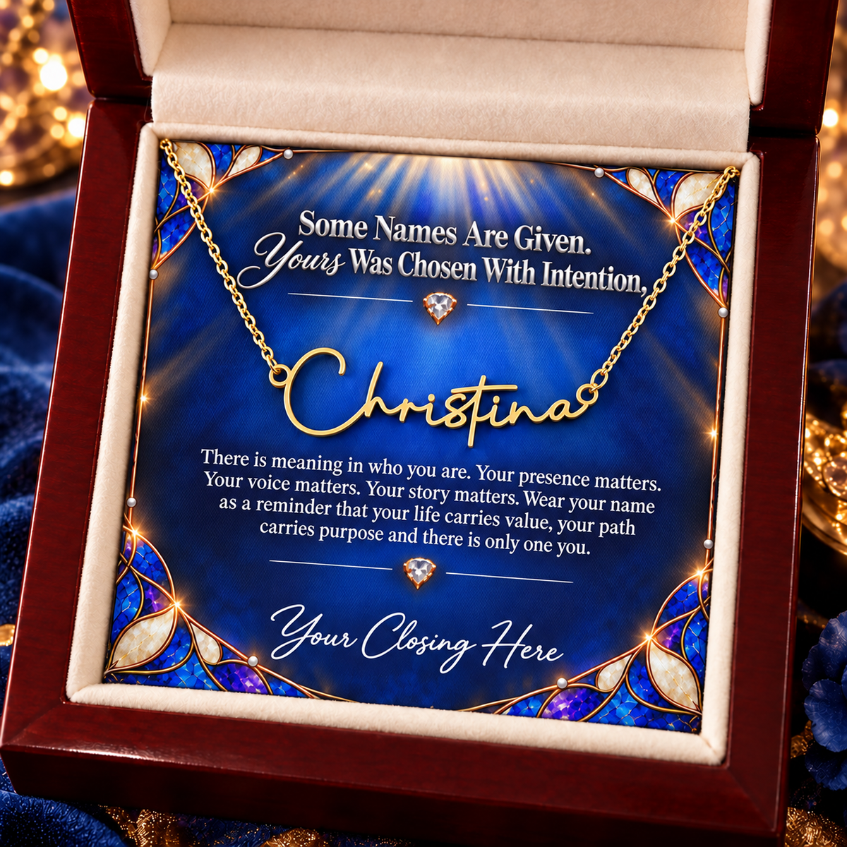 Chosen Sapphire Luxe message card in mahogany box, gold