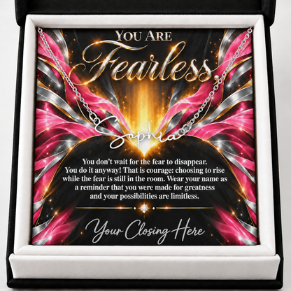 Silver Sophia name necklace with Fearless Rose Flame Luxe message card in black gift box