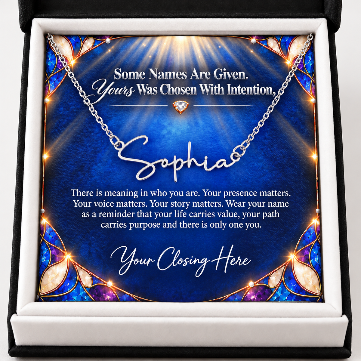 Chosen Sapphire Luxe message card in black box, silver