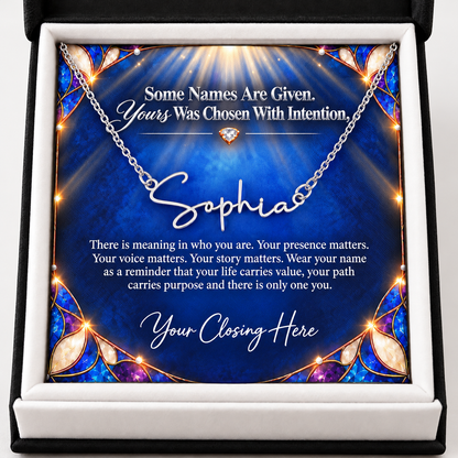 Chosen Sapphire Luxe message card in black box, silver