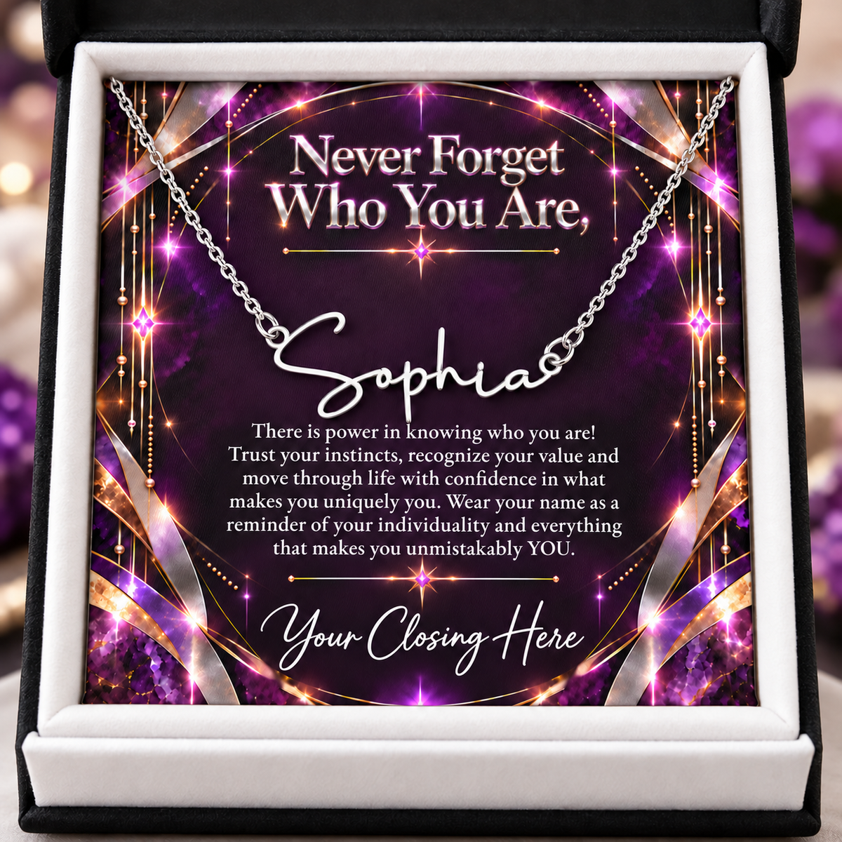Never Forget Who You Are Plum Luxe name necklace