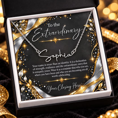 Silver Sophia name necklace with Noir Luxe message card in black gift box