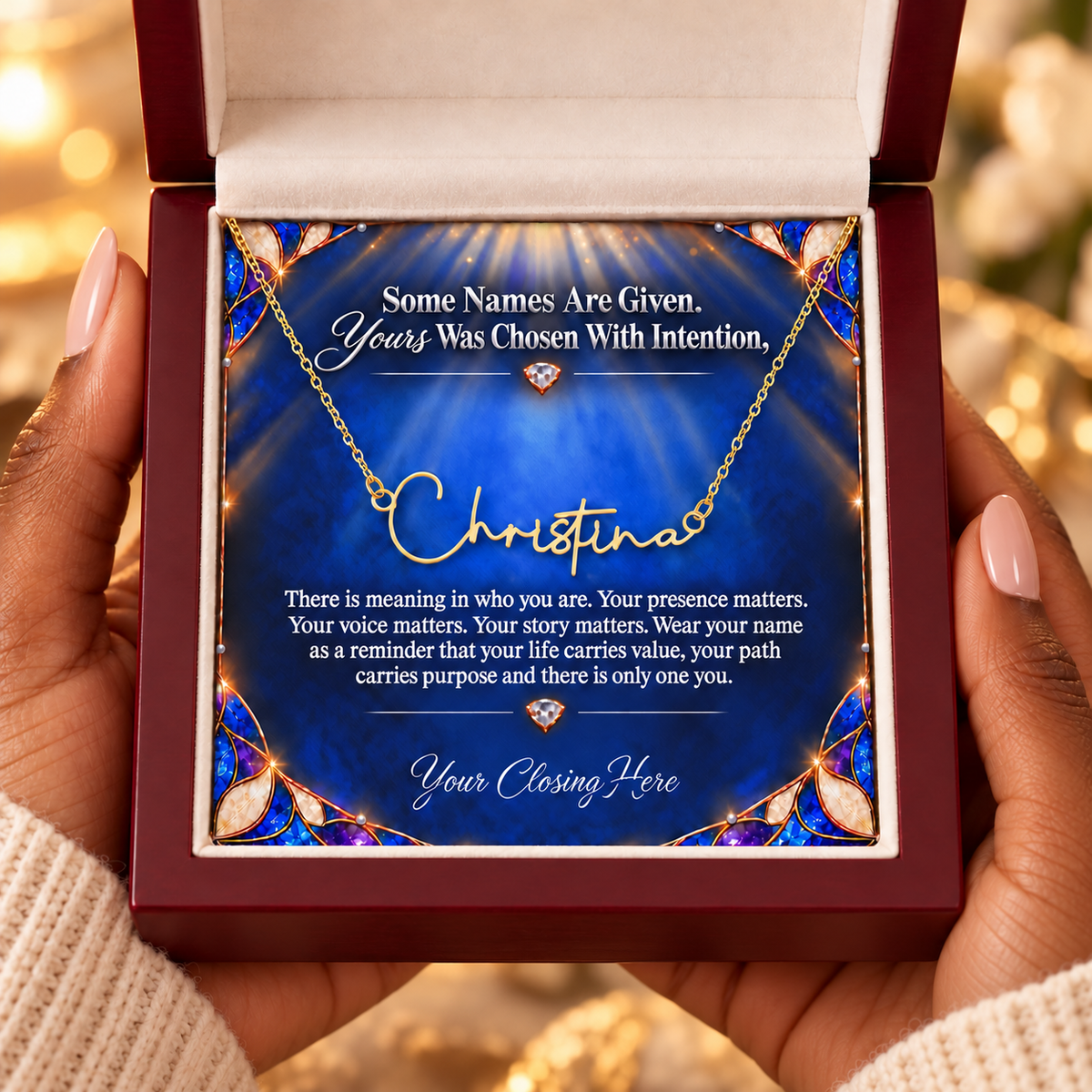 Chosen Sapphire Luxe message card in mahogany box held in hands