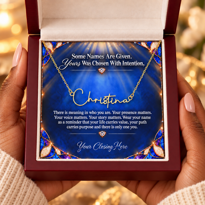 Chosen Sapphire Luxe message card in mahogany box held in hands