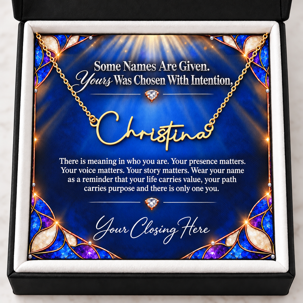 Chosen Sapphire Luxe message card in black box, gold
