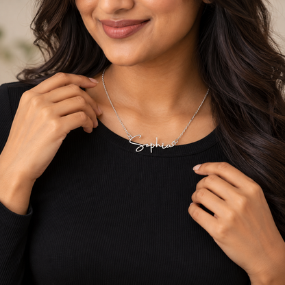 Woman wearing silver Sophia name necklace