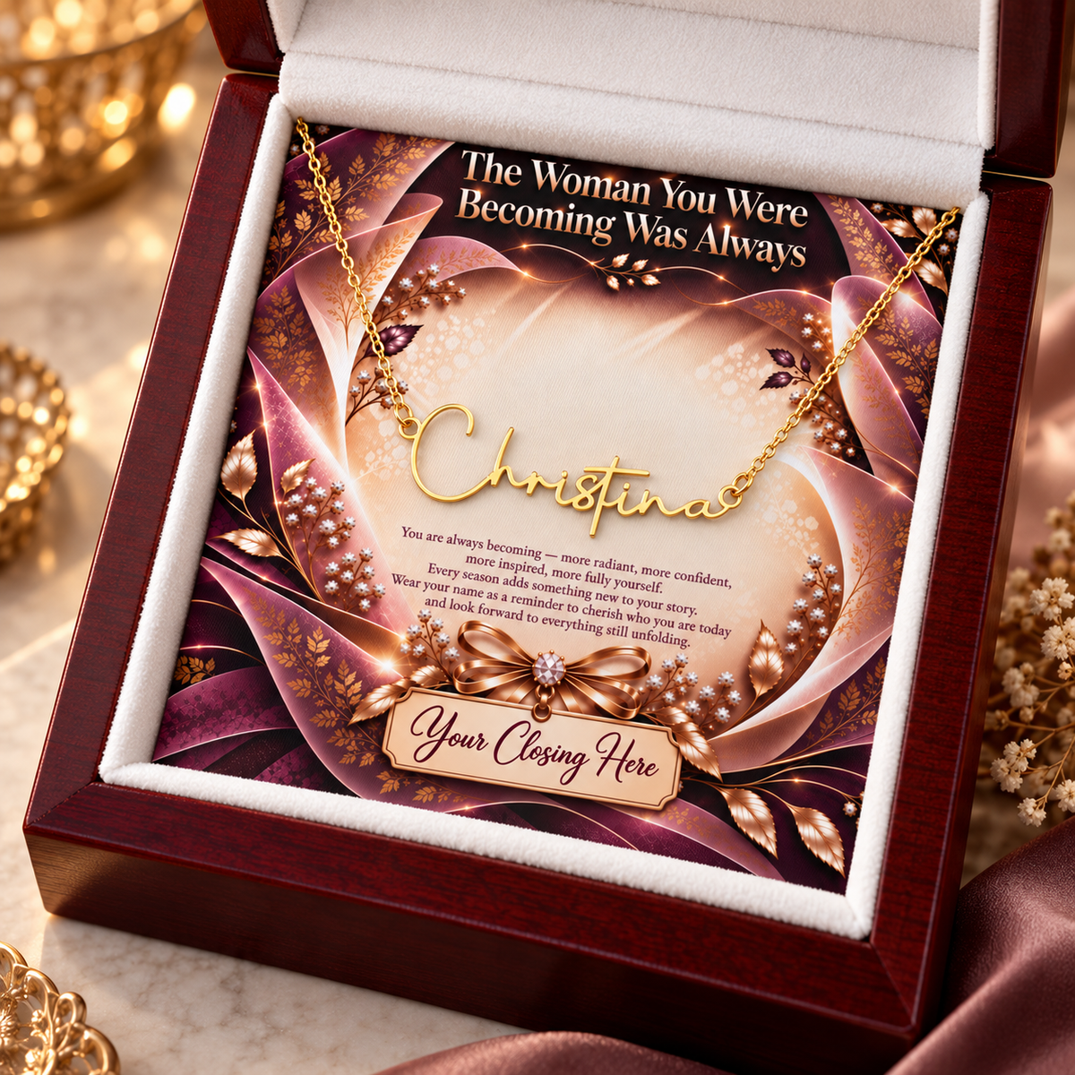 Gold Christina name necklace with Plum Gold Luxe message card in mahogany gift box