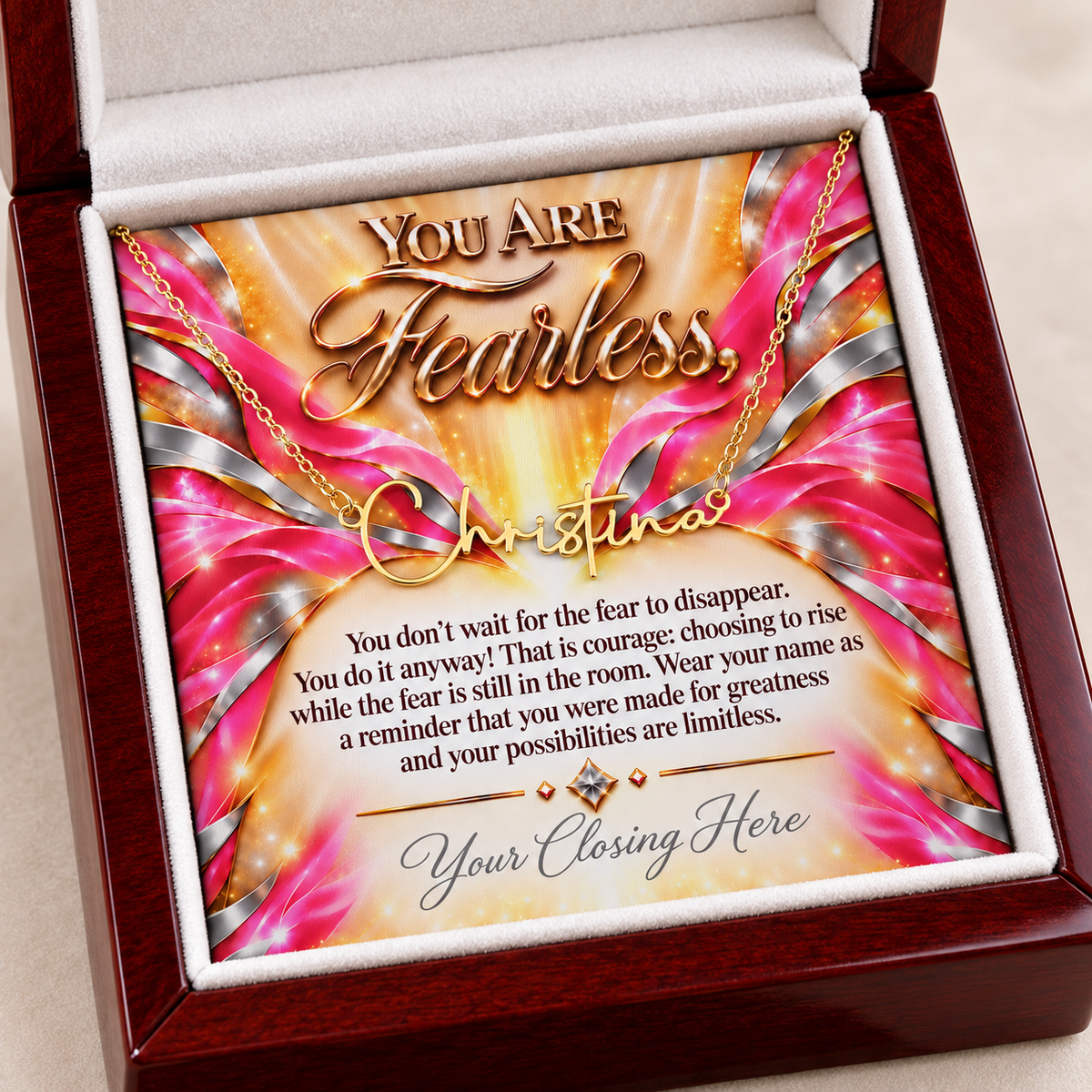 Gold Christina name necklace with Fearless Sunrise Rose Luxe message card in mahogany gift box