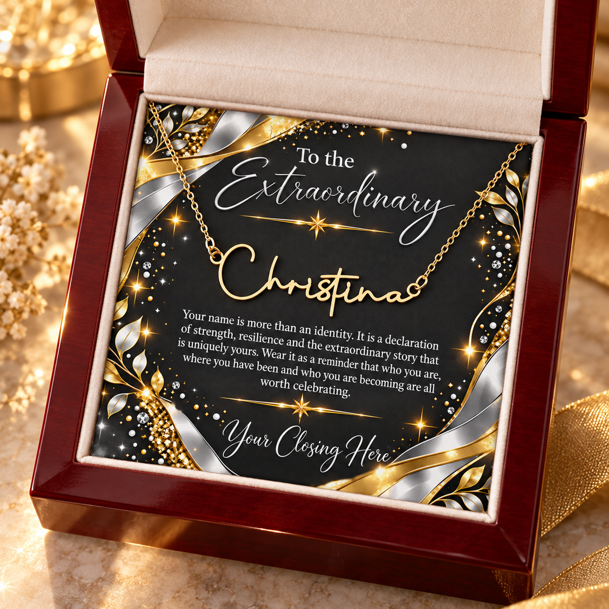Gold Christina name necklace with Noir Luxe message card in mahogany gift box