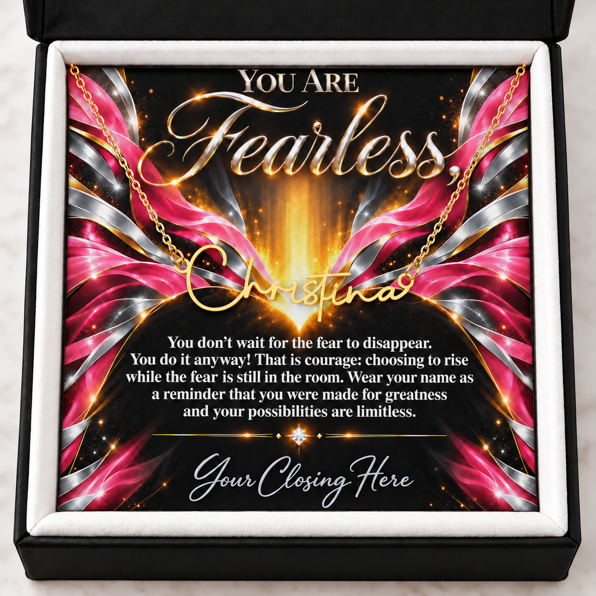 Gold Christina name necklace with You Are Fearless Rose Flame Luxe message card in black gift box