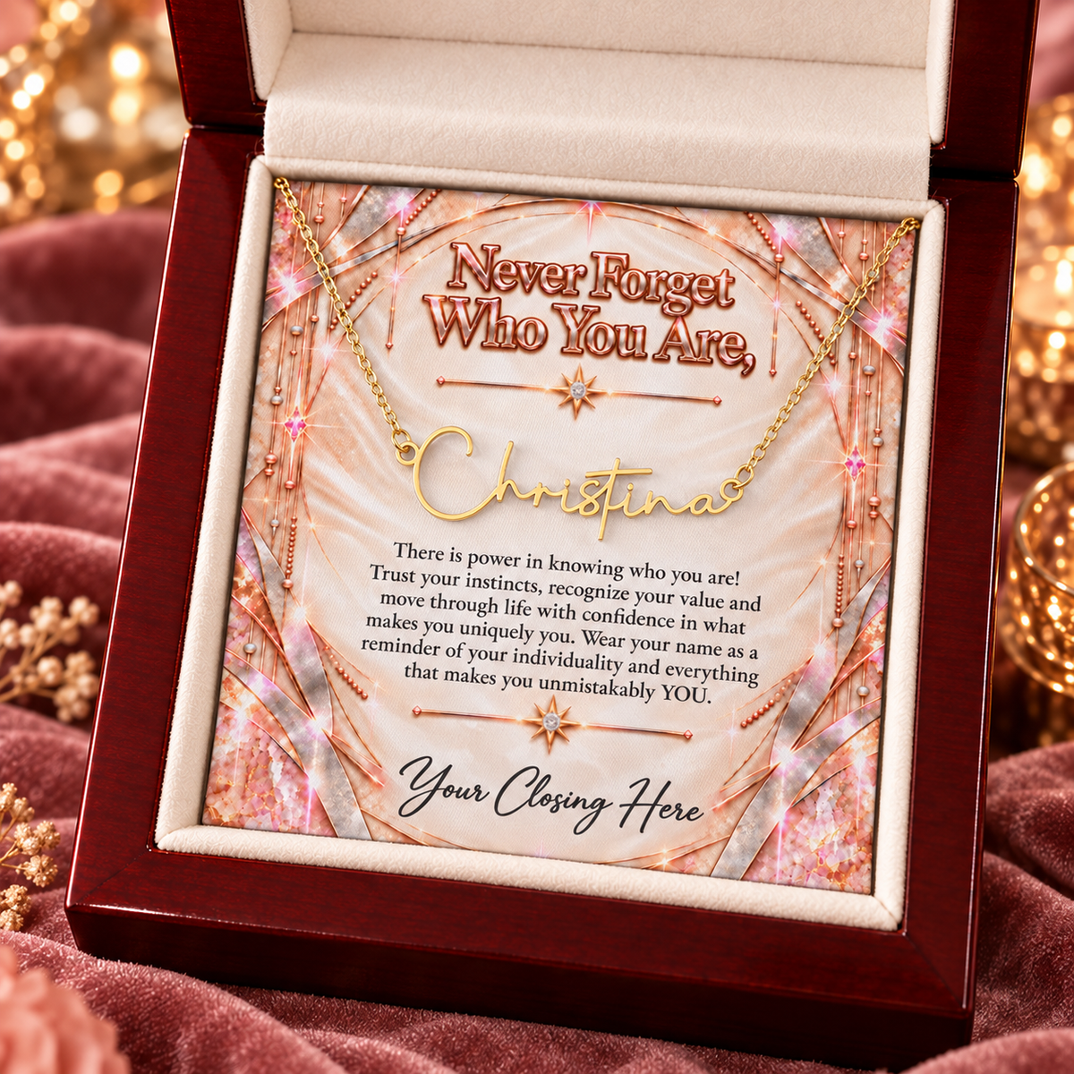 Gold Christina name necklace with Ivory Rose Gold Luxe message card in mahogany gift box