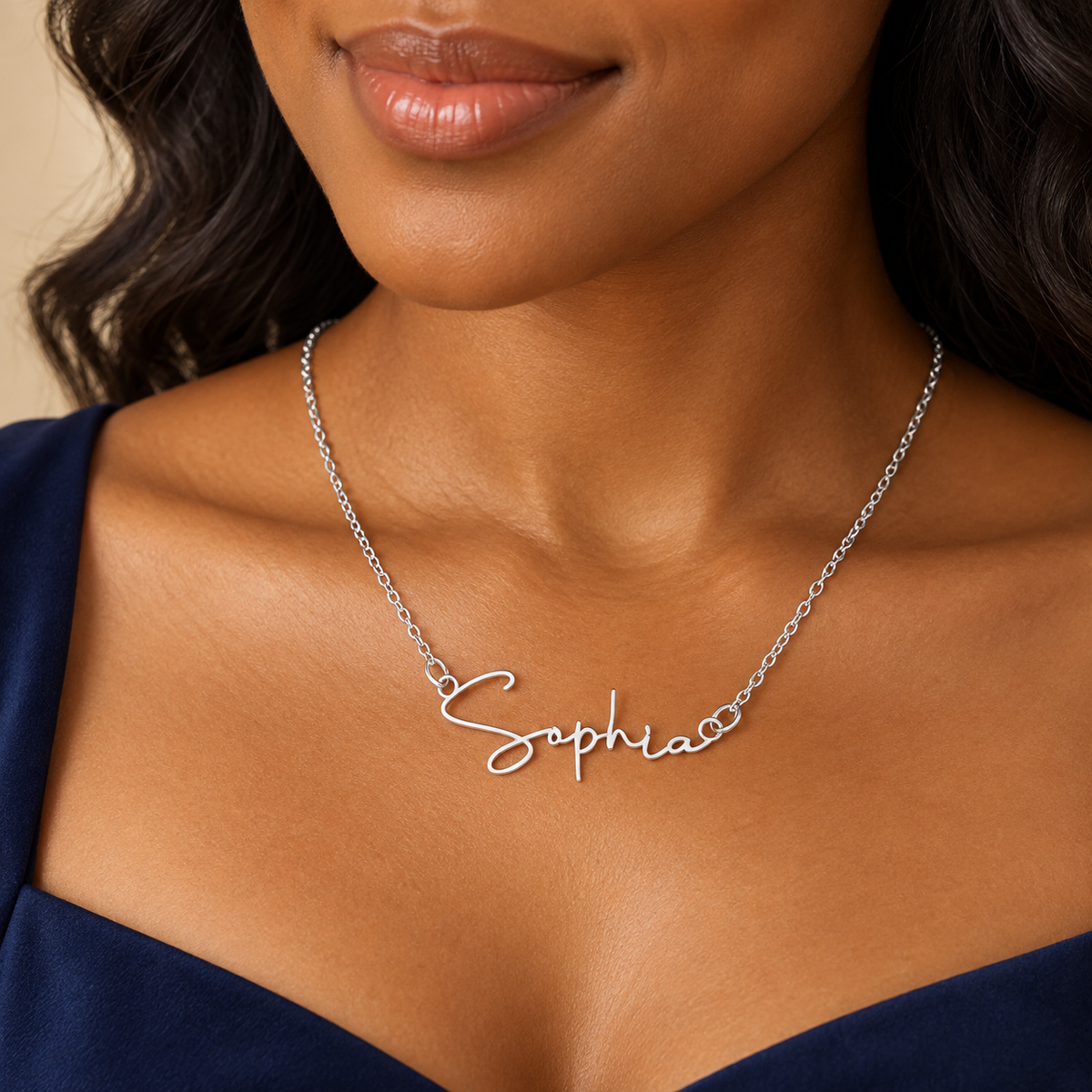 Signature Strength name necklace worn, silver