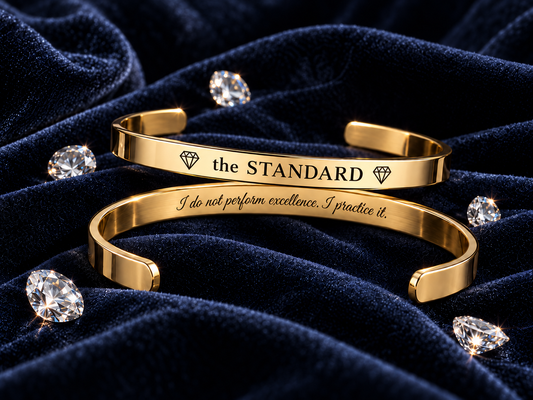 Gold cuff bracelet engraved the STANDARD with hidden inside message, on navy velvet