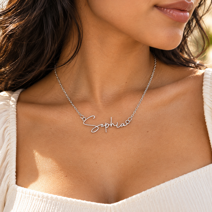 Woman wearing silver Sophia name necklace