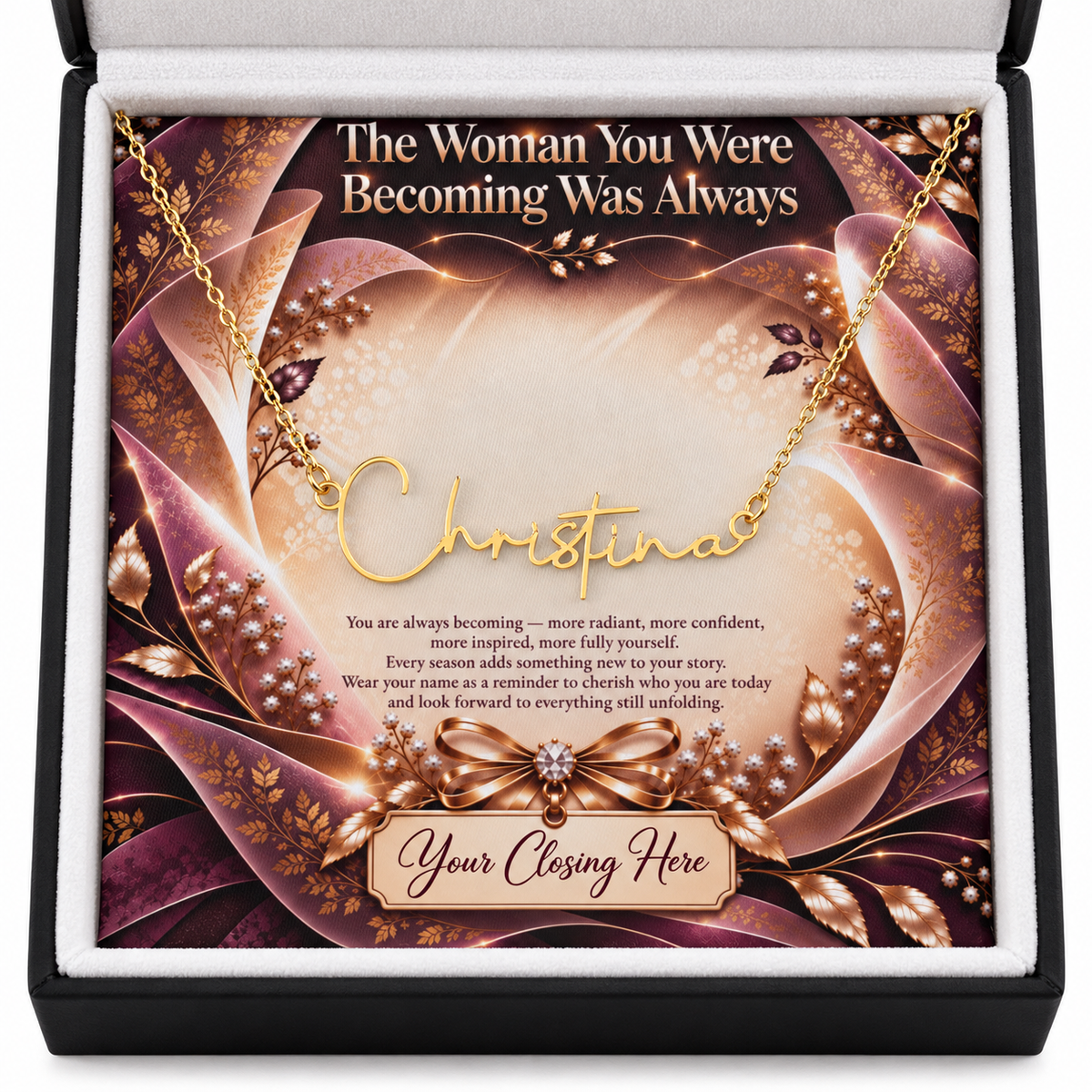 Gold Christina name necklace with Becoming Plum Gold Luxe message card in black gift box