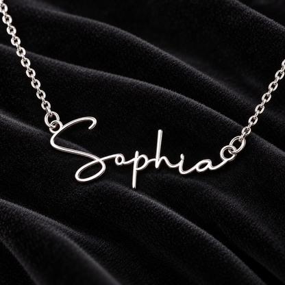 Silver Sophia name necklace on black velvet