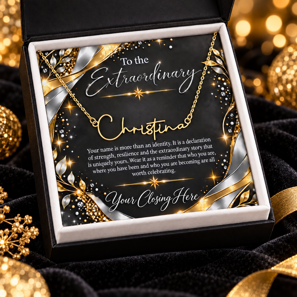 Gold Christina name necklace with Noir Luxe message card in black gift box
