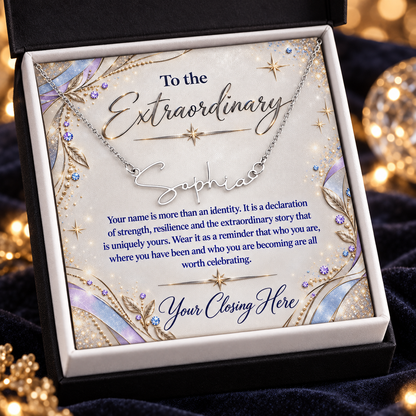 Silver Sophia name necklace with Lavender Luxe message card in black gift box
