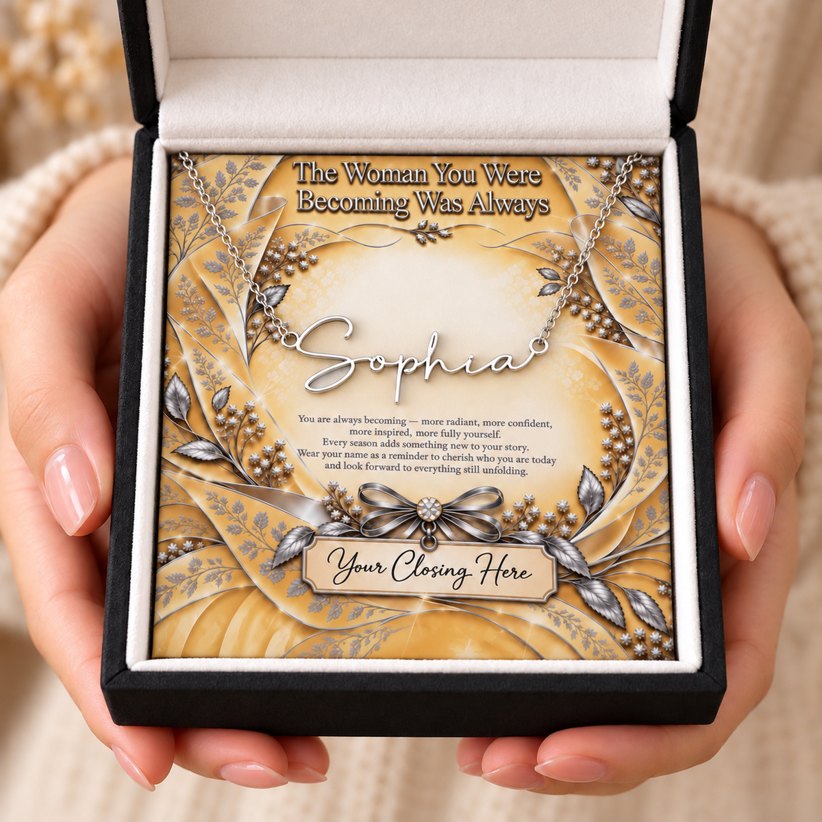 Sunlit Silver Luxe message card in black gift box held in hands