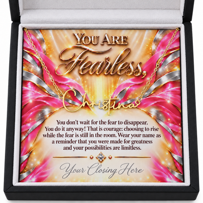 Gold Christina name necklace with You Are Fearless Sunrise Rose Luxe message card in black gift box