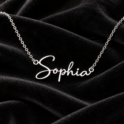 Silver Sophia name necklace on black velvet