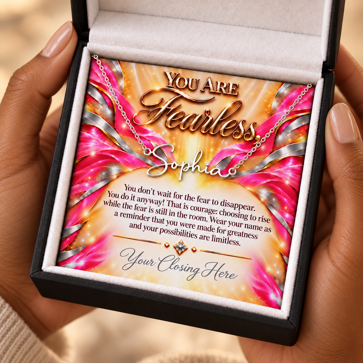 Fearless Sunrise Rose Luxe message card in black gift box held in hands