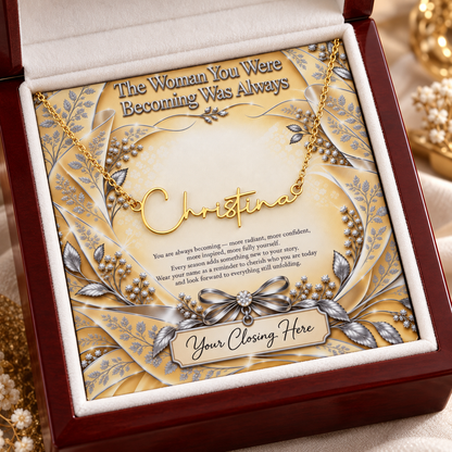 Gold Christina name necklace with Sunlit Silver Luxe message card in mahogany gift box