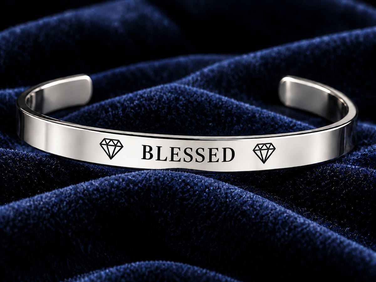 Silver cuff bracelet engraved BLESSED