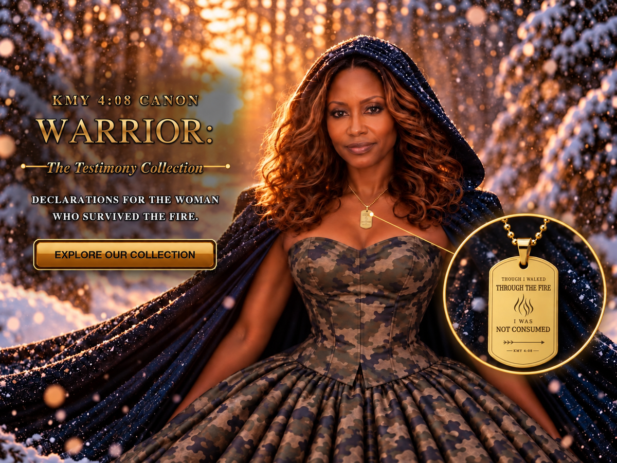 Woman in a camouflage ballgown and hooded cape in a golden snowlit forest, beneath the words Warrior: The Testimony Collection — declarations for the woman who survived the fire